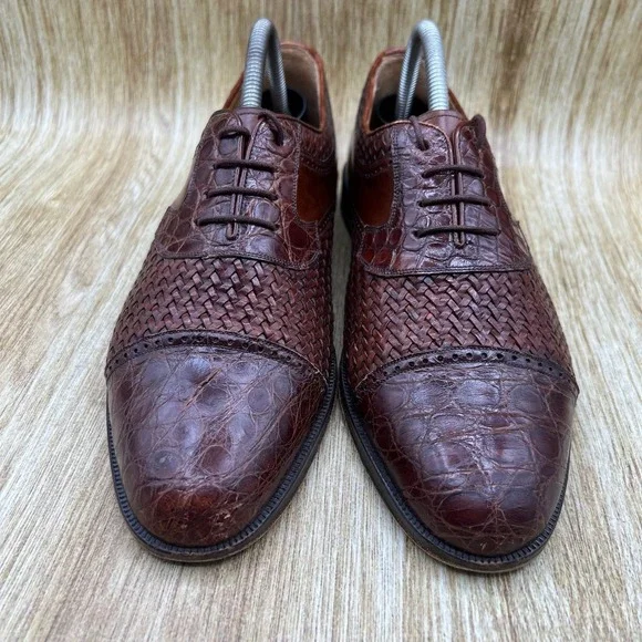 Mezlan Acapulco Men's 8.5 Brown Woven Leather Genuine Crocodile Cap Toe Oxfords